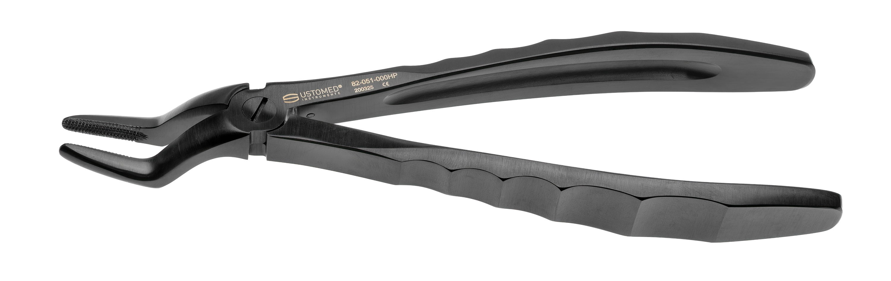 Tooth forceps – upper jaw roots, fig. 51, black DLC coating, BLACK SPINE series, traction profile – secure grip